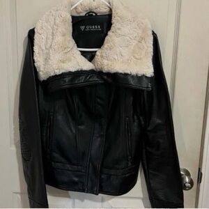 Guess Women's Leather Jacket with Cream Collar